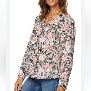 NYDJ Smocked V Neck Hayward Paisley Blouse